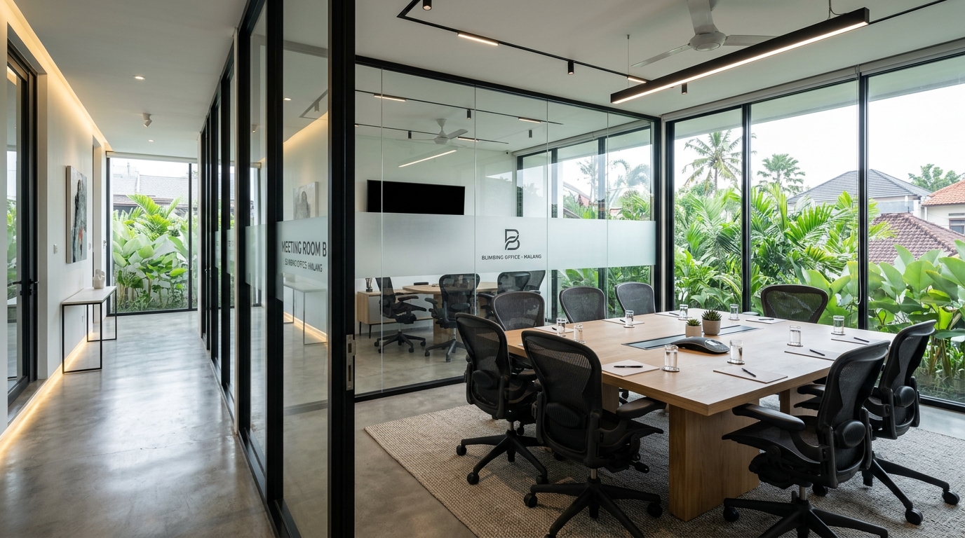 Partisi kaca tempered pada ruang meeting kantor minimalis di Blimbing