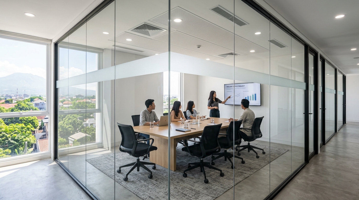 Partisi kaca tempered pada ruang meeting kantor minimalis di Malang