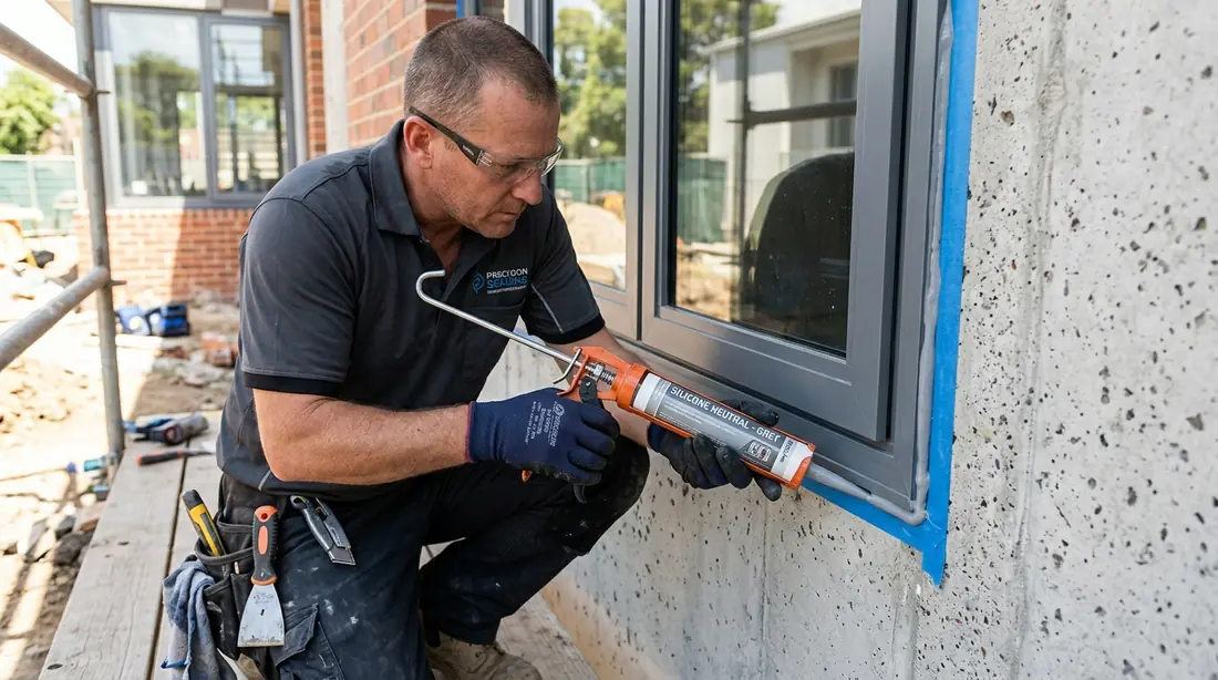 Proses aplikasi sealant silikon pada kusen aluminium di Kepanjen