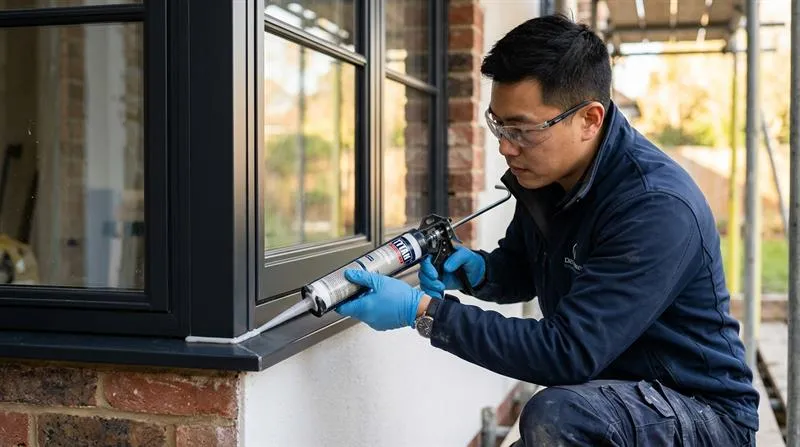 Proses aplikasi sealant silikon pada kusen aluminium di Sukun