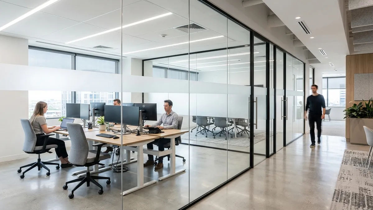 Sekat kaca kantor minimalis dengan bingkai aluminium di Dau