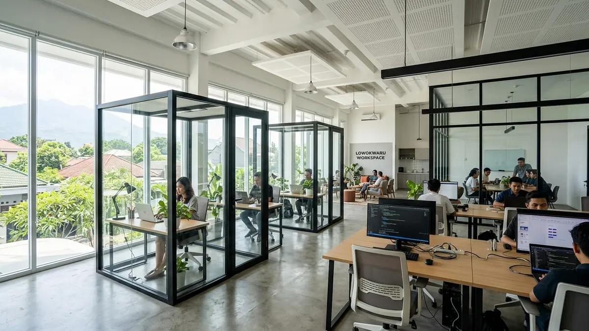 Sekat kaca kantor minimalis dengan bingkai aluminium di Lowokwaru