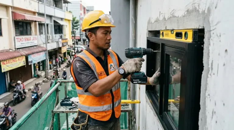 Proses pemasangan kusen aluminium pada ruko di Klojen