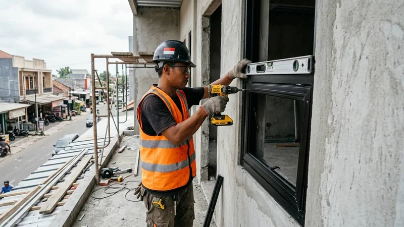 Proses pemasangan kusen aluminium pada ruko di Pakis