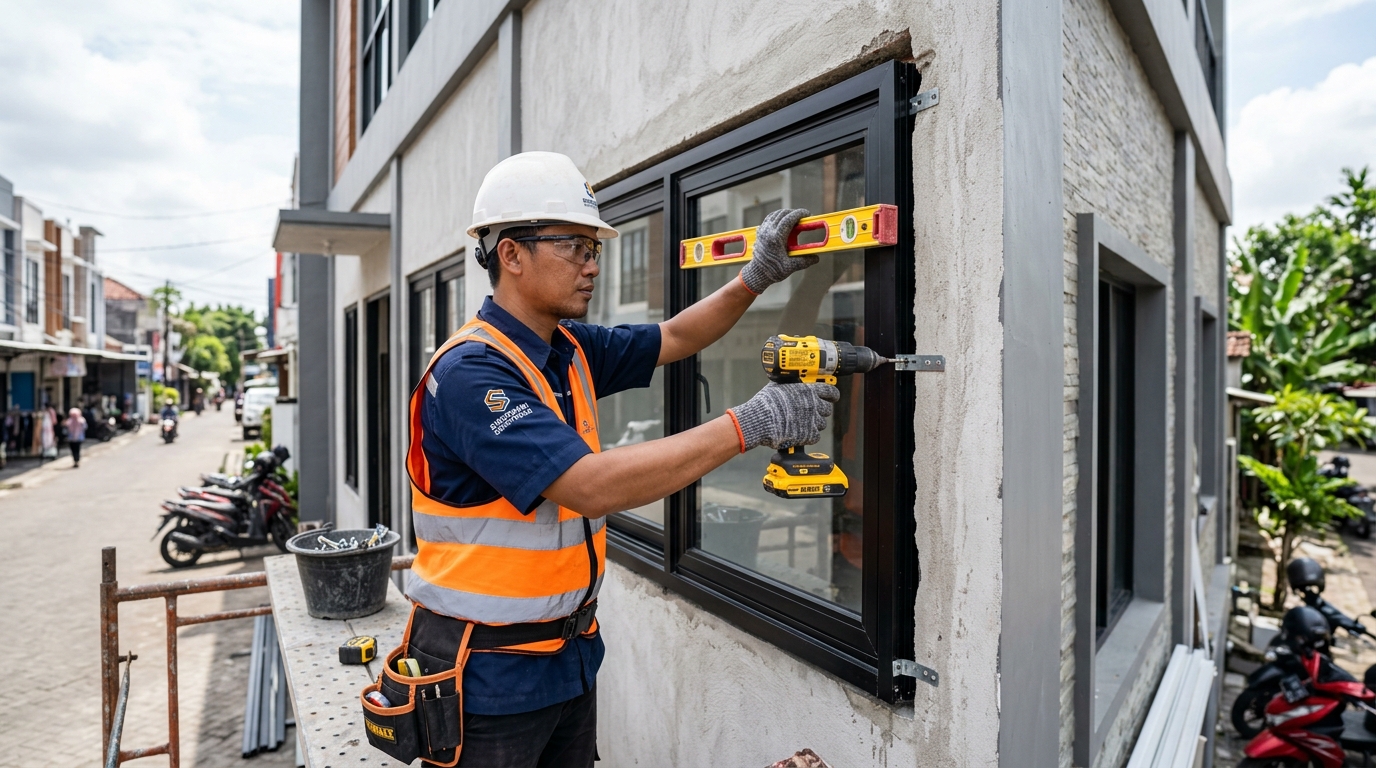 Proses pemasangan kusen aluminium pada ruko di Singosari