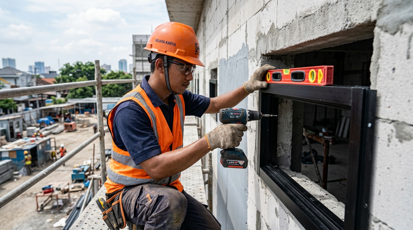 Proses pemasangan kusen aluminium pada ruko di Sukun